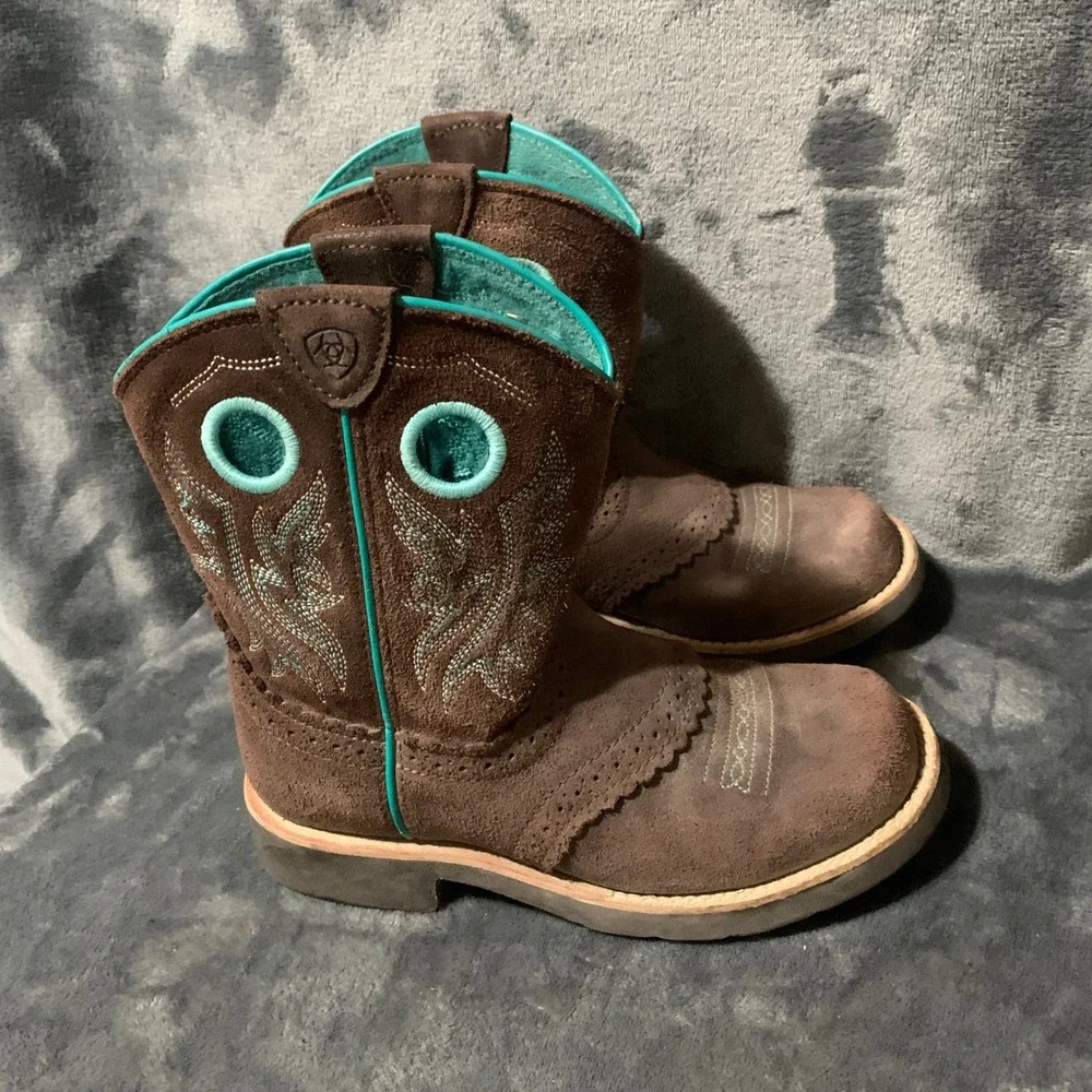 Ariat Western Boots Kids Size 2 10042537 Brown Turquoise Suede Cowgirl Rodeo